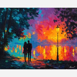 evening, horizon, saint valentine, afremov style, palette knife, oil painting, impasto, bright colors, romantic park, lakeside, silhouettes, reflection, seasonal landscape, colorful art, textured paint, love theme, evening light