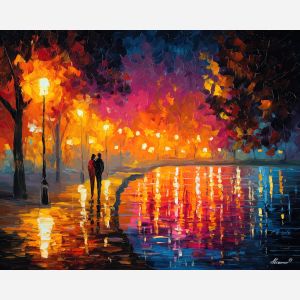 romantic, scene, saint valentine, afremov style, palette knife, oil painting, impasto, bright colors, romantic park, lakeside, silhouettes, reflection, seasonal landscape, colorful art, textured paint, love theme, evening light