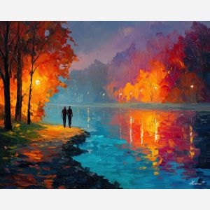 shared, lake, saint valentine, afremov style, palette knife, oil painting, impasto, bright colors, romantic park, lakeside, silhouettes, reflection, seasonal landscape, colorful art, textured paint, love theme, evening light
