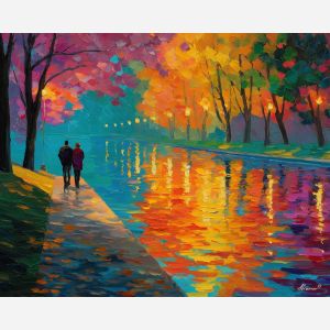 shared, evening, saint valentine, afremov style, palette knife, oil painting, impasto, bright colors, romantic park, lakeside, silhouettes, reflection, seasonal landscape, colorful art, textured paint, love theme, evening light