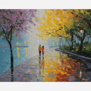 golden, stroll, saint valentine, afremov style, palette knife, oil painting, impasto, bright colors, romantic park, lakeside, silhouettes, reflection, seasonal landscape, colorful art, textured paint, love theme, evening light