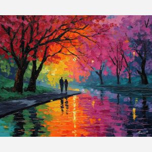 luminous, walk, saint valentine, afremov style, palette knife, oil painting, impasto, bright colors, romantic park, lakeside, silhouettes, reflection, seasonal landscape, colorful art, textured paint, love theme, evening light