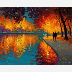 golden, together, saint valentine, afremov style, palette knife, oil painting, impasto, bright colors, romantic park, lakeside, silhouettes, reflection, seasonal landscape, colorful art, textured paint, love theme, evening light