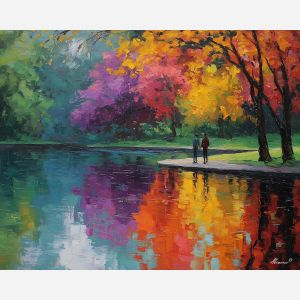 warm, colors, saint valentine, afremov style, palette knife, oil painting, impasto, bright colors, romantic park, lakeside, silhouettes, reflection, seasonal landscape, colorful art, textured paint, love theme, evening light