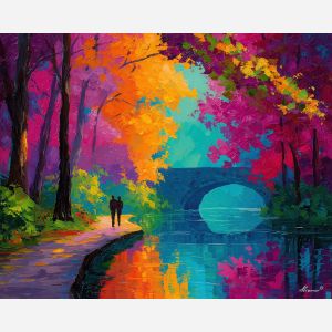 bright, bridge, saint valentine, afremov style, palette knife, oil painting, impasto, bright colors, romantic park, lakeside, silhouettes, reflection, seasonal landscape, colorful art, textured paint, love theme, evening light