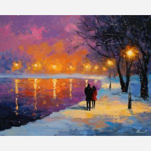 soft, stroll, saint valentine, afremov style, palette knife, oil painting, impasto, bright colors, romantic park, lakeside, silhouettes, reflection, seasonal landscape, colorful art, textured paint, love theme, evening light