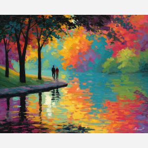 bright, steps, saint valentine, afremov style, palette knife, oil painting, impasto, bright colors, romantic park, lakeside, silhouettes, reflection, seasonal landscape, colorful art, textured paint, love theme, evening light