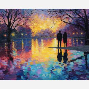 bright, lights, saint valentine, afremov style, palette knife, oil painting, impasto, bright colors, romantic park, lakeside, silhouettes, reflection, seasonal landscape, colorful art, textured paint, love theme, evening light