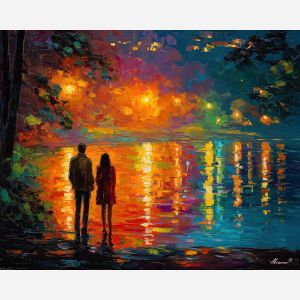evening, lights, saint valentine, afremov style, palette knife, oil painting, impasto, bright colors, romantic park, lakeside, silhouettes, reflection, seasonal landscape, colorful art, textured paint, love theme, evening light