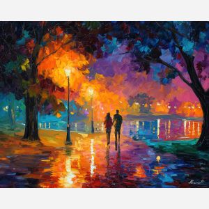 warm, steps, saint valentine, afremov style, palette knife, oil painting, impasto, bright colors, romantic park, lakeside, silhouettes, reflection, seasonal landscape, colorful art, textured paint, love theme, evening light
