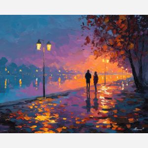 evening, walk, saint valentine, afremov style, palette knife, oil painting, impasto, bright colors, romantic park, lakeside, silhouettes, reflection, seasonal landscape, colorful art, textured paint, love theme, evening light