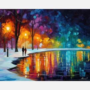 colorful, path, saint valentine, afremov style, palette knife, oil painting, impasto, bright colors, romantic park, lakeside, silhouettes, reflection, seasonal landscape, colorful art, textured paint, love theme, evening light