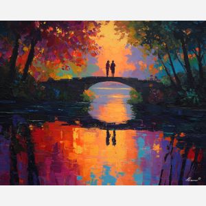 summer, moment, saint valentine, afremov style, palette knife, oil painting, impasto, bright colors, romantic park, lakeside, silhouettes, reflection, seasonal landscape, colorful art, textured paint, love theme, evening light
