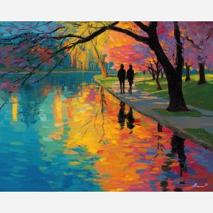 warm, park, saint valentine, afremov style, palette knife, oil painting, impasto, bright colors, romantic park, lakeside, silhouettes, reflection, seasonal landscape, colorful art, textured paint, love theme, evening light