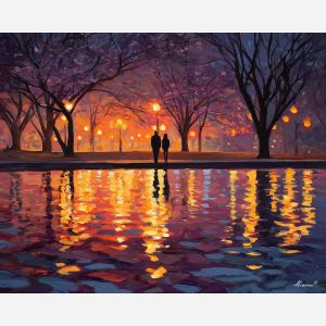 winter, reflections, saint valentine, afremov style, palette knife, oil painting, impasto, bright colors, romantic park, lakeside, silhouettes, reflection, seasonal landscape, colorful art, textured paint, love theme, evening light