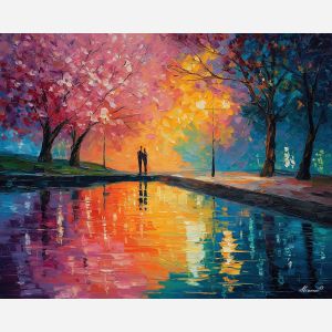 joyful, horizon, saint valentine, afremov style, palette knife, oil painting, impasto, bright colors, romantic park, lakeside, silhouettes, reflection, seasonal landscape, colorful art, textured paint, love theme, evening light