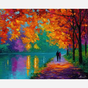 shared, season, saint valentine, afremov style, palette knife, oil painting, impasto, bright colors, romantic park, lakeside, silhouettes, reflection, seasonal landscape, colorful art, textured paint, love theme, evening light