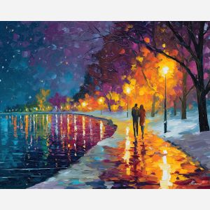 colorful, steps, saint valentine, afremov style, palette knife, oil painting, impasto, bright colors, romantic park, lakeside, silhouettes, reflection, seasonal landscape, colorful art, textured paint, love theme, evening light