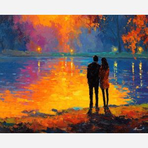 glowing, reflections, saint valentine, afremov style, palette knife, oil painting, impasto, bright colors, romantic park, lakeside, silhouettes, reflection, seasonal landscape, colorful art, textured paint, love theme, evening light