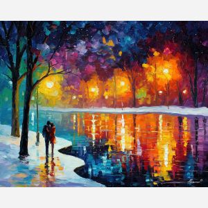 bright, lake, saint valentine, afremov style, palette knife, oil painting, impasto, bright colors, romantic park, lakeside, silhouettes, reflection, seasonal landscape, colorful art, textured paint, love theme, evening light