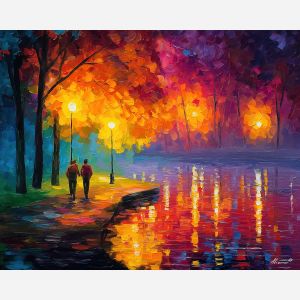 dreamy, lights, saint valentine, afremov style, palette knife, oil painting, impasto, bright colors, romantic park, lakeside, silhouettes, reflection, seasonal landscape, colorful art, textured paint, love theme, evening light