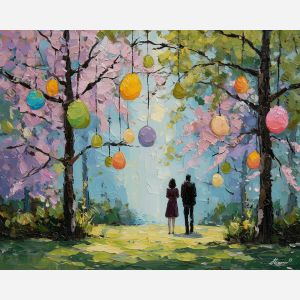 easter, stroll, easter theme, spring celebration, pastel colors, palette knife, oil painting, impasto, bright art, seasonal, spring park, decorated eggs, festive, colorful scene, textured paint, joyful mood, springtime