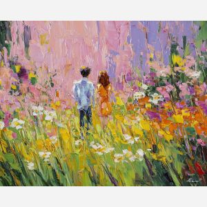 open, meadow, easter theme, spring celebration, pastel colors, palette knife, oil painting, impasto, bright art, seasonal, spring park, decorated eggs, festive, colorful scene, textured paint, joyful mood, springtime