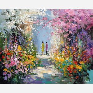 flowered, season, easter theme, spring celebration, pastel colors, palette knife, oil painting, impasto, bright art, seasonal, spring park, decorated eggs, festive, colorful scene, textured paint, joyful mood, springtime