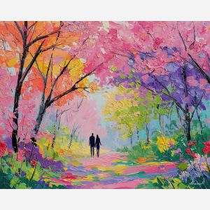 joyful, air, easter theme, spring celebration, pastel colors, palette knife, oil painting, impasto, bright art, seasonal, spring park, decorated eggs, festive, colorful scene, textured paint, joyful mood, springtime