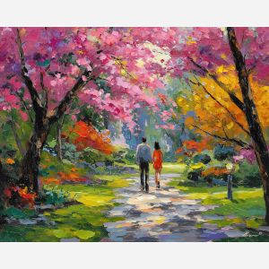 spring, blooms, easter theme, spring celebration, pastel colors, palette knife, oil painting, impasto, bright art, seasonal, spring park, decorated eggs, festive, colorful scene, textured paint, joyful mood, springtime