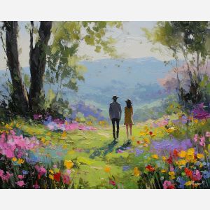 light, colors, easter theme, spring celebration, pastel colors, palette knife, oil painting, impasto, bright art, seasonal, spring park, decorated eggs, festive, colorful scene, textured paint, joyful mood, springtime