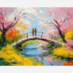 light, horizon, easter theme, spring celebration, pastel colors, palette knife, oil painting, impasto, bright art, seasonal, spring park, decorated eggs, festive, colorful scene, textured paint, joyful mood, springtime