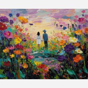 flowered, scene, easter theme, spring celebration, pastel colors, palette knife, oil painting, impasto, bright art, seasonal, spring park, decorated eggs, festive, colorful scene, textured paint, joyful mood, springtime