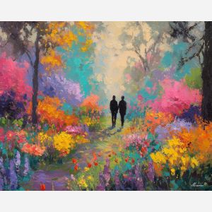spring, light, easter theme, spring celebration, pastel colors, palette knife, oil painting, impasto, bright art, seasonal, spring park, decorated eggs, festive, colorful scene, textured paint, joyful mood, springtime