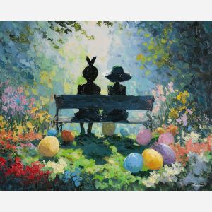 easter, moment, easter theme, spring celebration, pastel colors, palette knife, oil painting, impasto, bright art, seasonal, spring park, decorated eggs, festive, colorful scene, textured paint, joyful mood, springtime