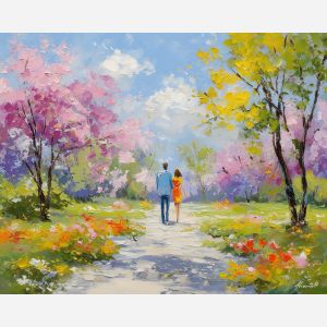 lively, air, easter theme, spring celebration, pastel colors, palette knife, oil painting, impasto, bright art, seasonal, spring park, decorated eggs, festive, colorful scene, textured paint, joyful mood, springtime