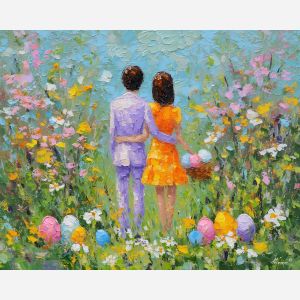 radiant, air, easter theme, spring celebration, pastel colors, palette knife, oil painting, impasto, bright art, seasonal, spring park, decorated eggs, festive, colorful scene, textured paint, joyful mood, springtime