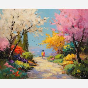 fresh, season, easter theme, spring celebration, pastel colors, palette knife, oil painting, impasto, bright art, seasonal, spring park, decorated eggs, festive, colorful scene, textured paint, joyful mood, springtime