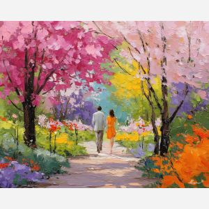 playful, walk, easter theme, spring celebration, pastel colors, palette knife, oil painting, impasto, bright art, seasonal, spring park, decorated eggs, festive, colorful scene, textured paint, joyful mood, springtime