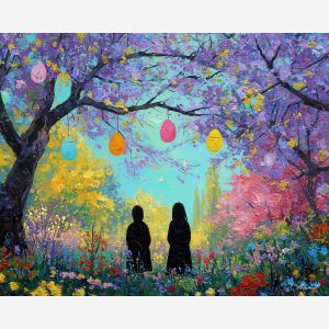 bright, view, easter theme, spring celebration, pastel colors, palette knife, oil painting, impasto, bright art, seasonal, spring park, decorated eggs, festive, colorful scene, textured paint, joyful mood, springtime