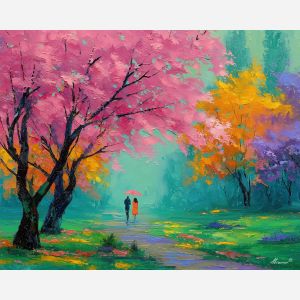 vivid, morning, easter theme, spring celebration, pastel colors, palette knife, oil painting, impasto, bright art, seasonal, spring park, decorated eggs, festive, colorful scene, textured paint, joyful mood, springtime