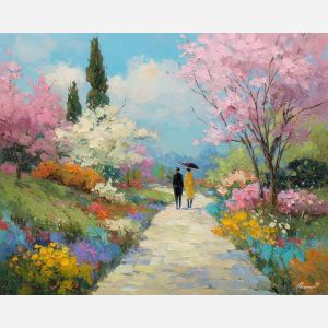 joyful, light, easter theme, spring celebration, pastel colors, palette knife, oil painting, impasto, bright art, seasonal, spring park, decorated eggs, festive, colorful scene, textured paint, joyful mood, springtime