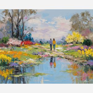 gentle, horizon, easter theme, spring celebration, pastel colors, palette knife, oil painting, impasto, bright art, seasonal, spring park, decorated eggs, festive, colorful scene, textured paint, joyful mood, springtime