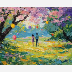 joyful, path, easter theme, spring celebration, pastel colors, palette knife, oil painting, impasto, bright art, seasonal, spring park, decorated eggs, festive, colorful scene, textured paint, joyful mood, springtime