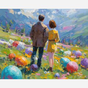 bright, air, easter theme, spring celebration, pastel colors, palette knife, oil painting, impasto, bright art, seasonal, spring park, decorated eggs, festive, colorful scene, textured paint, joyful mood, springtime