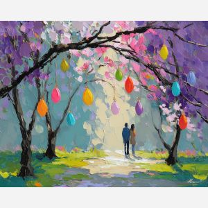 vivid, park, easter theme, spring celebration, pastel colors, palette knife, oil painting, impasto, bright art, seasonal, spring park, decorated eggs, festive, colorful scene, textured paint, joyful mood, springtime