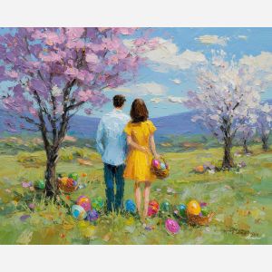 pastel, air, easter theme, spring celebration, pastel colors, palette knife, oil painting, impasto, bright art, seasonal, spring park, decorated eggs, festive, colorful scene, textured paint, joyful mood, springtime