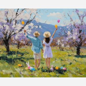 playful, moment, easter theme, spring celebration, pastel colors, palette knife, oil painting, impasto, bright art, seasonal, spring park, decorated eggs, festive, colorful scene, textured paint, joyful mood, springtime