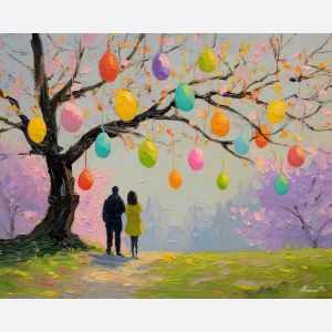 colorful, stroll, easter theme, spring celebration, pastel colors, palette knife, oil painting, impasto, bright art, seasonal, spring park, decorated eggs, festive, colorful scene, textured paint, joyful mood, springtime