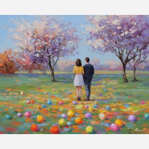 joyful, view, easter theme, spring celebration, pastel colors, palette knife, oil painting, impasto, bright art, seasonal, spring park, decorated eggs, festive, colorful scene, textured paint, joyful mood, springtime